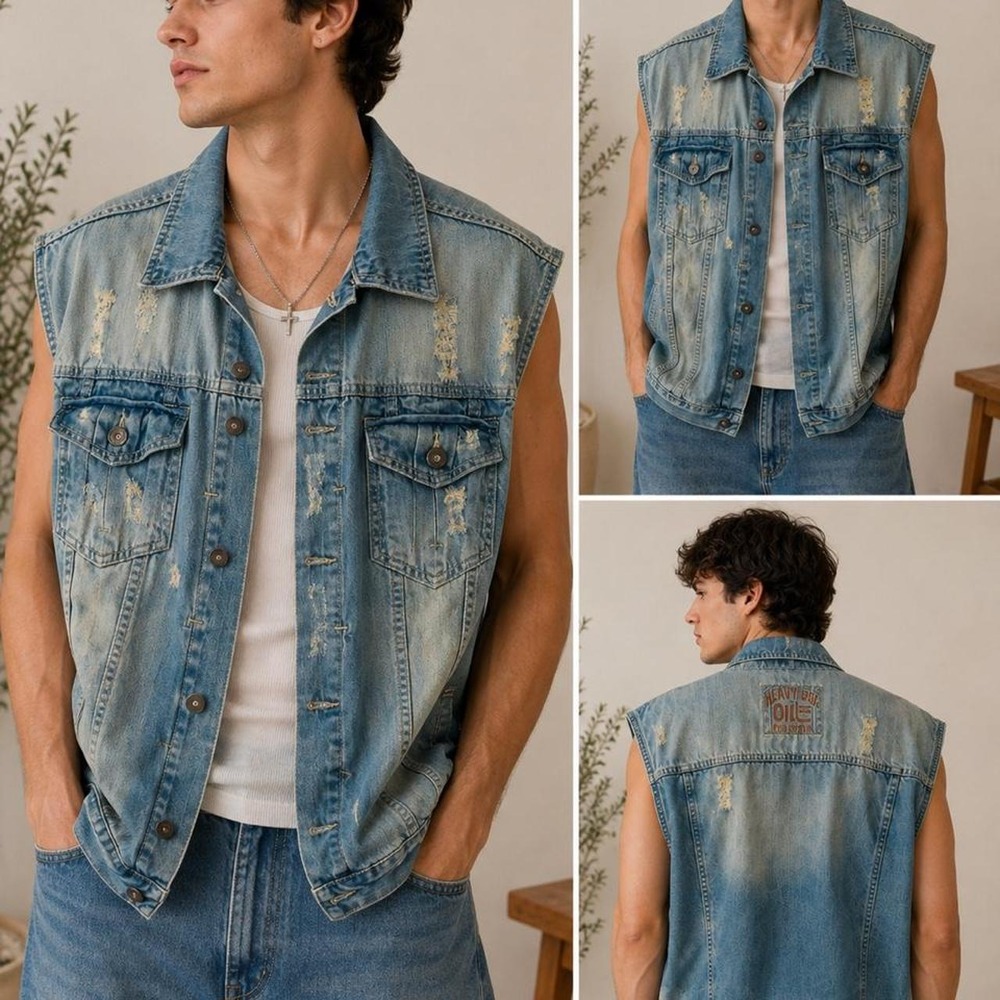 Men's Distressed Denim Vest – ESPM Jeans Vintage-inspired men's denim vest